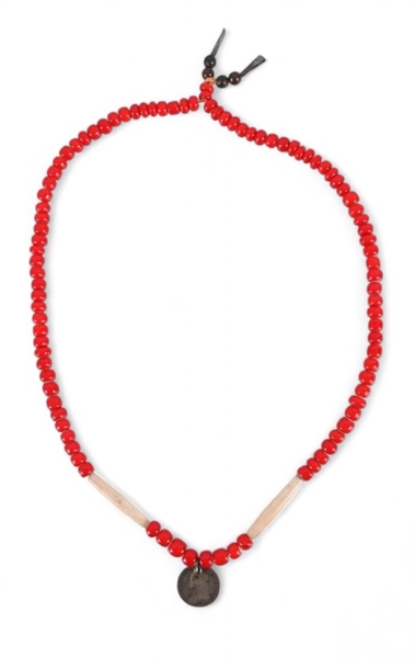 Red Heart Trade Bead Bone Hair Pipe Necklace