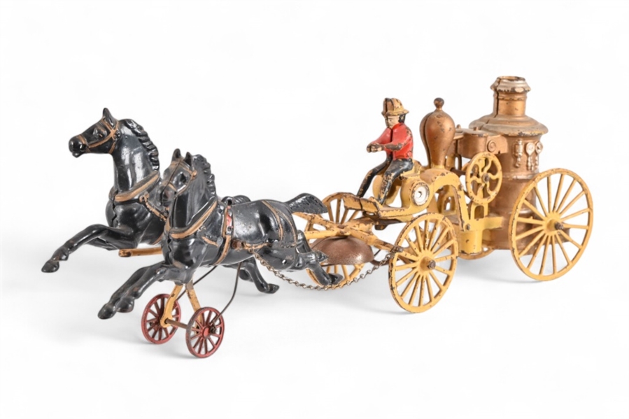 Vintage Cast Iron Fireman Wagon with Horses