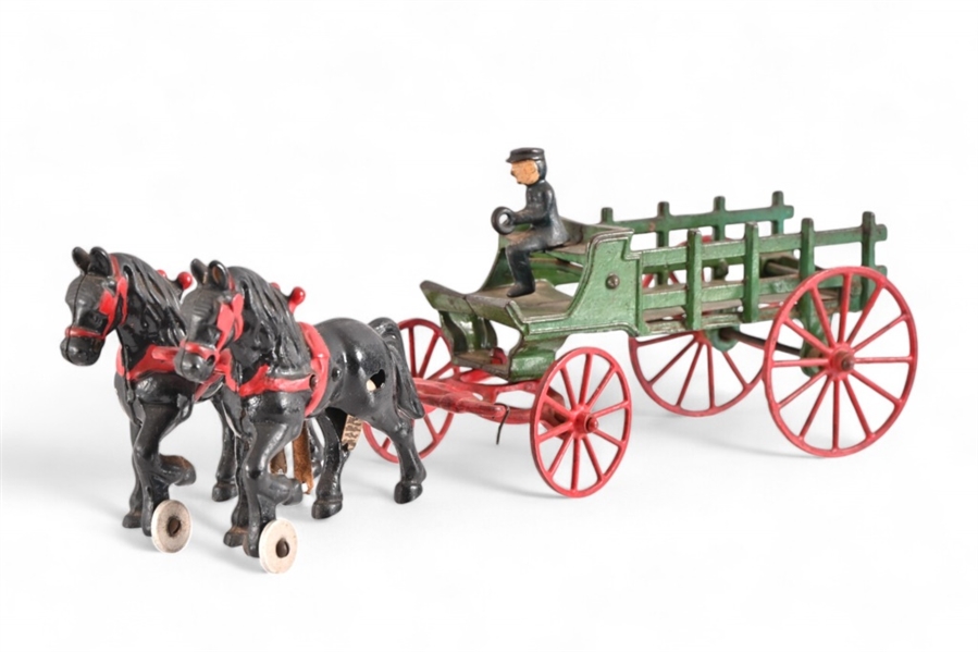 Vintage Cast Iron Toy Wagon Horse Team