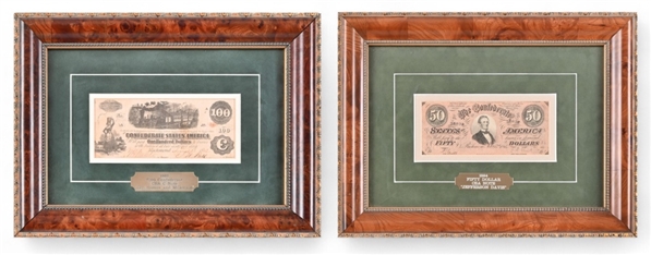 (2) Civil War Confederate $100 & $50 Notes Framed